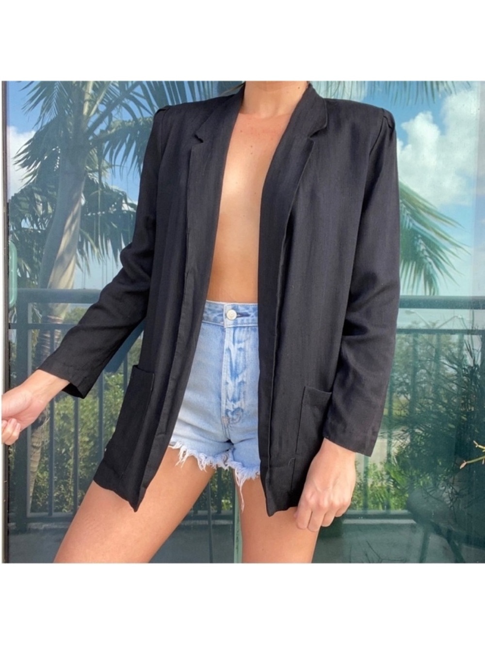 Black Linen Open Front Blazer Jacket S